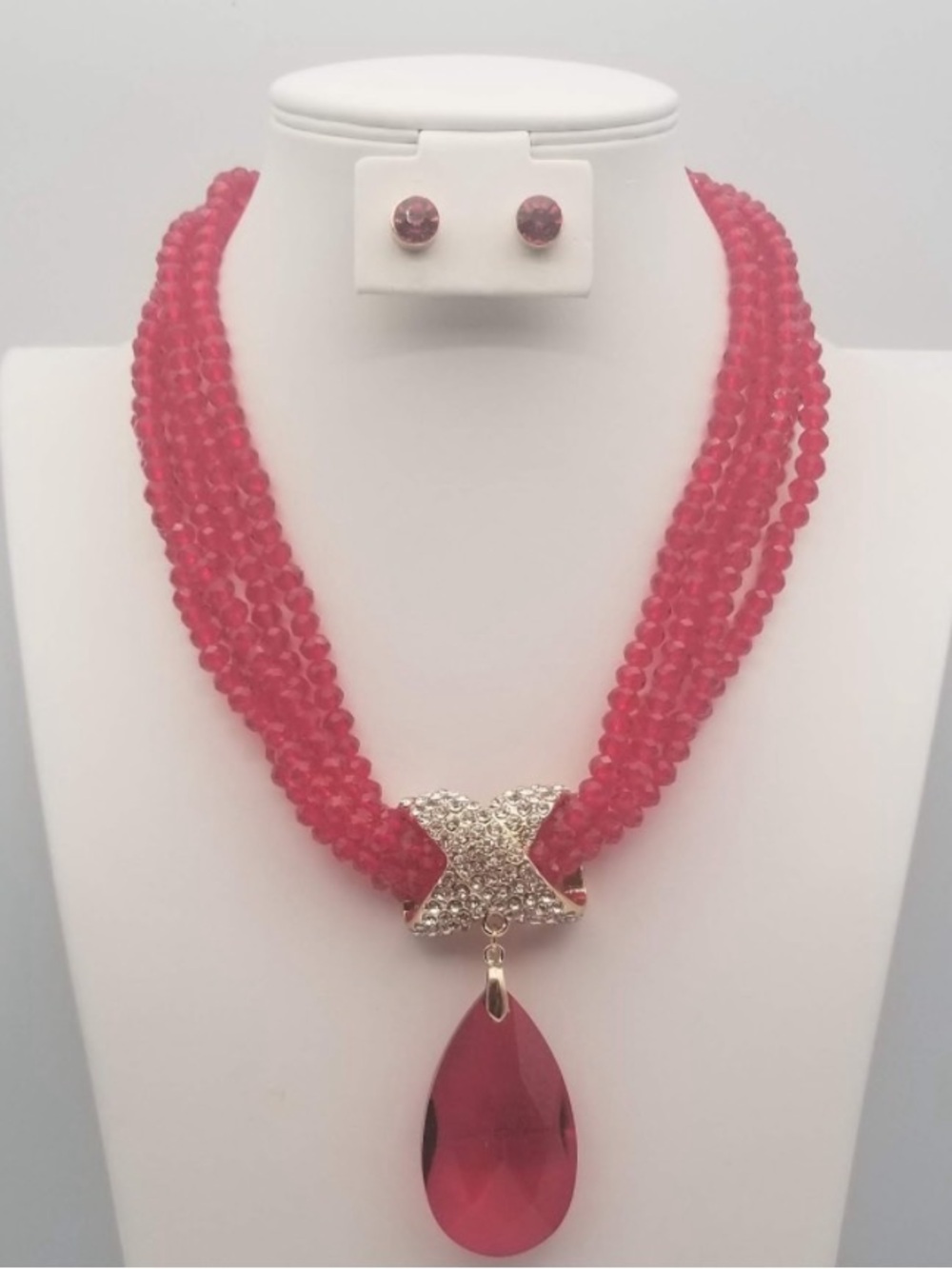 Red Crystal Multi-Strand Necklace with Teardrop Pendant - Women Jewelry